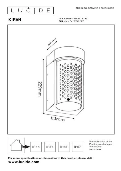 Lucide KIRAN - Wandlamp Buiten - LED - 1x10W 2700K - IP65 - Zwart - technisch